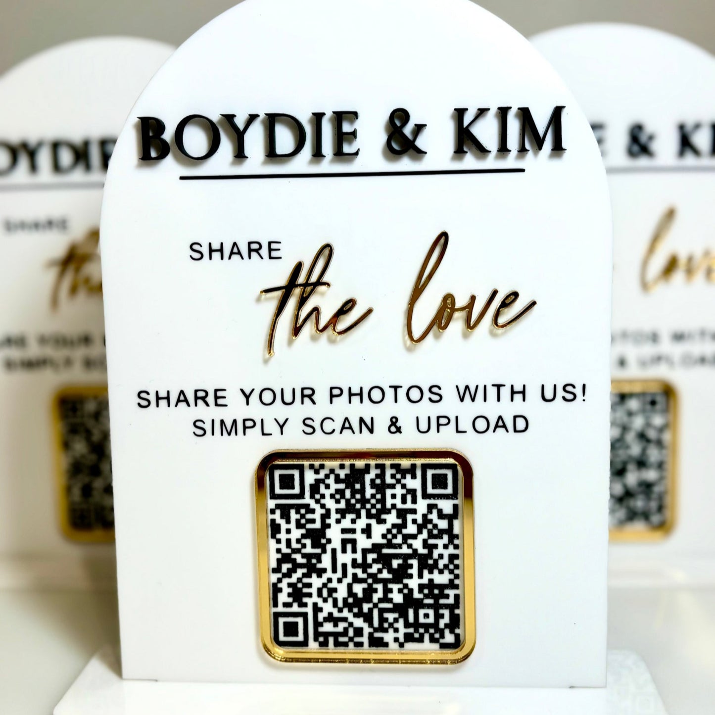 Arched Custom White Wedding Signs with black QR code