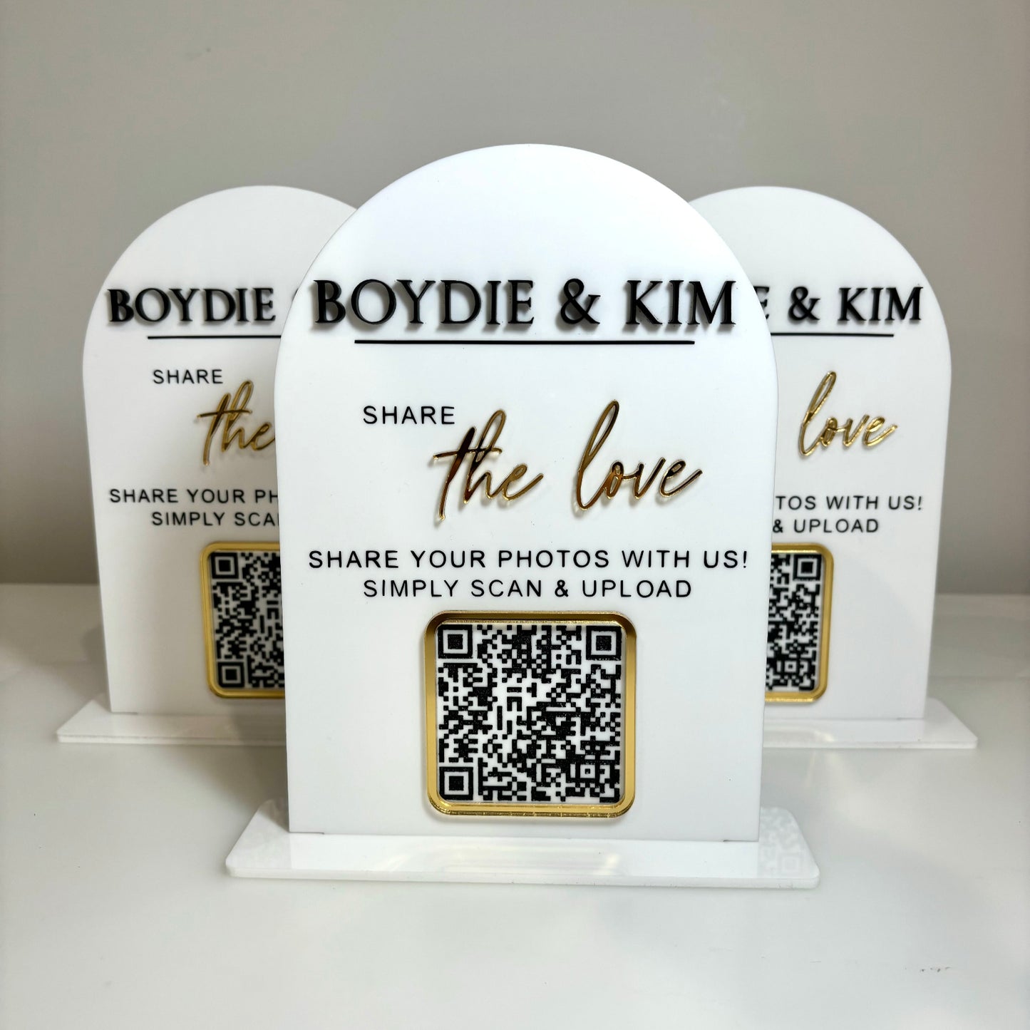Arched Custom White Wedding Signs with black QR code