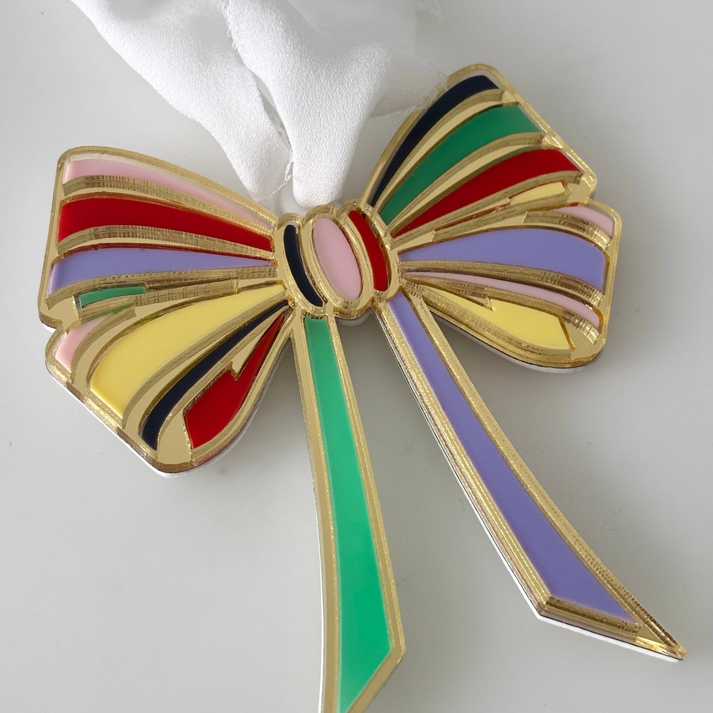 Luxe Neutral & Gold Stripe Christmas Bow Ornament – Personalised Acrylic Decoration