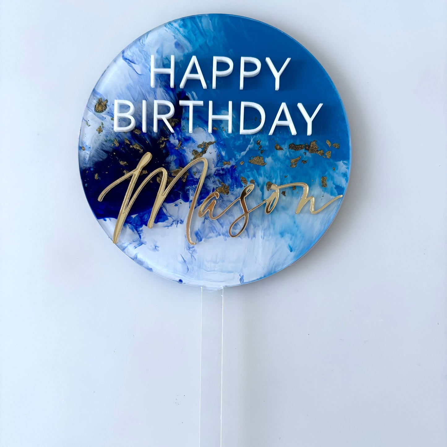 Blue & White Marble 'Happy Birthday' Topper