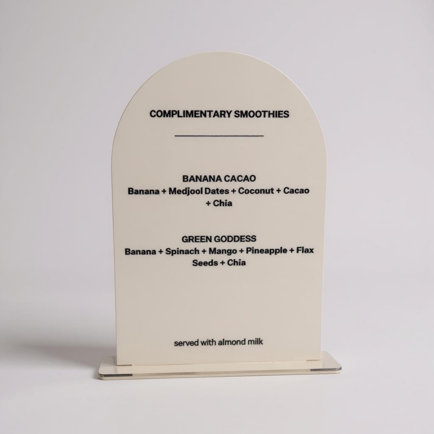 Menu A4 Sign with smoothie options on a white background