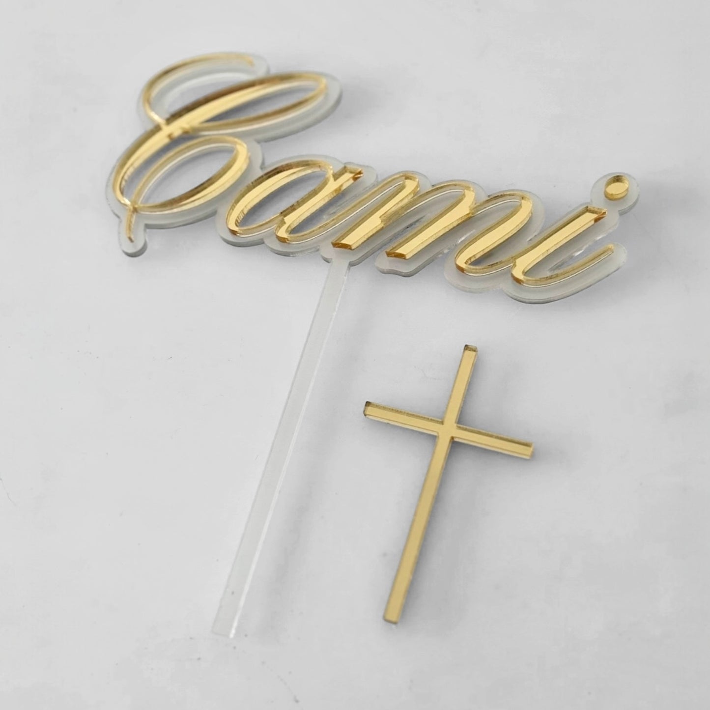 Personalised Christening Cake Topper Set with Cross - Mirrored Acrylic