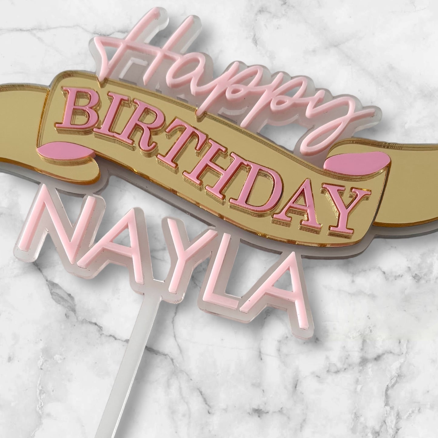 Happy Birthday personalied name cake topper, with gold accents on a marble background