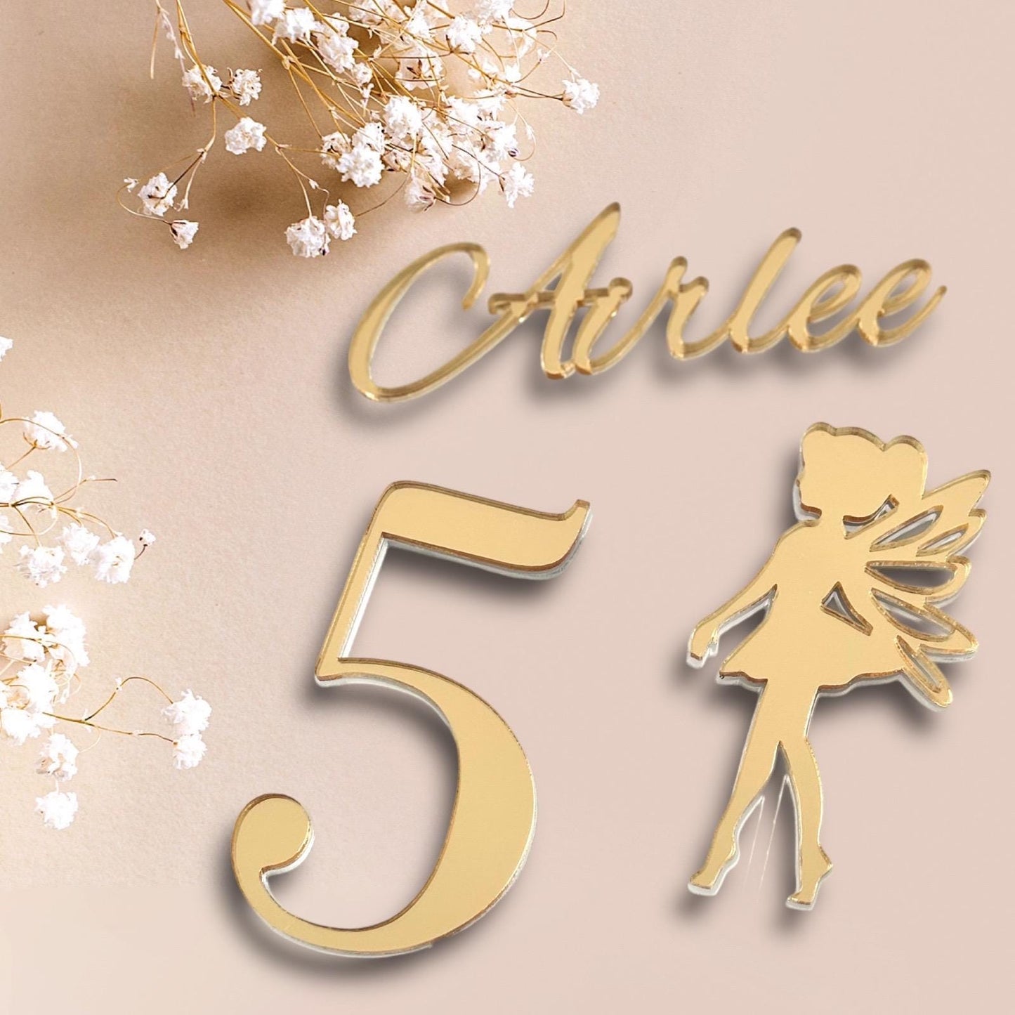 Personalised Fairy Cake Topper Set – Gold Mirror Acrylic
