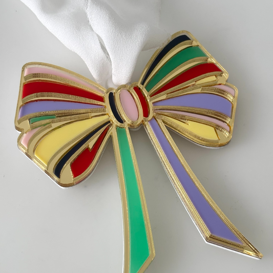 Luxe Multi-Coloured Stripe Christmas Bow Ornament – Personalised Acrylic Decoration