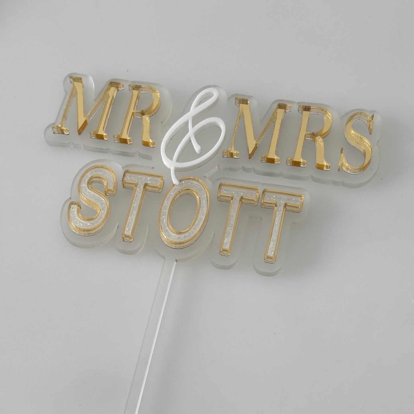 Personalised Mr & Mrs Wedding Cake Topper | Gold & White Custom Cake Decoration