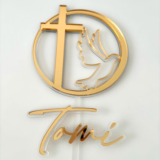 Cross + Dove Acrylic Cake Topper with Name Fropper | Set