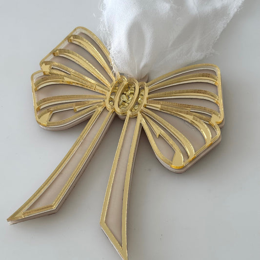 Luxe Neutral & Gold Stripe Christmas Bow Ornament – Personalised Acrylic Decoration