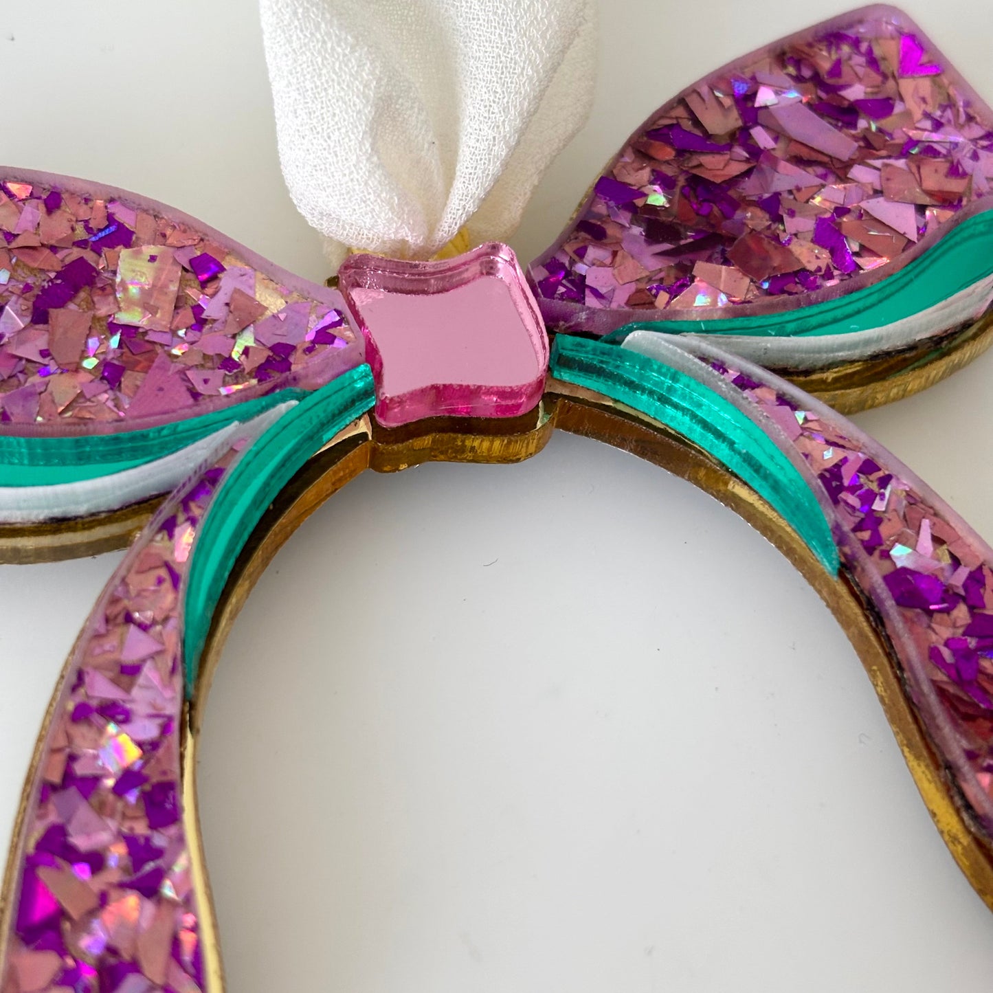 Luxe Glitter Purple & Teal Christmas Bow Ornament – Personalised Acrylic Decoration