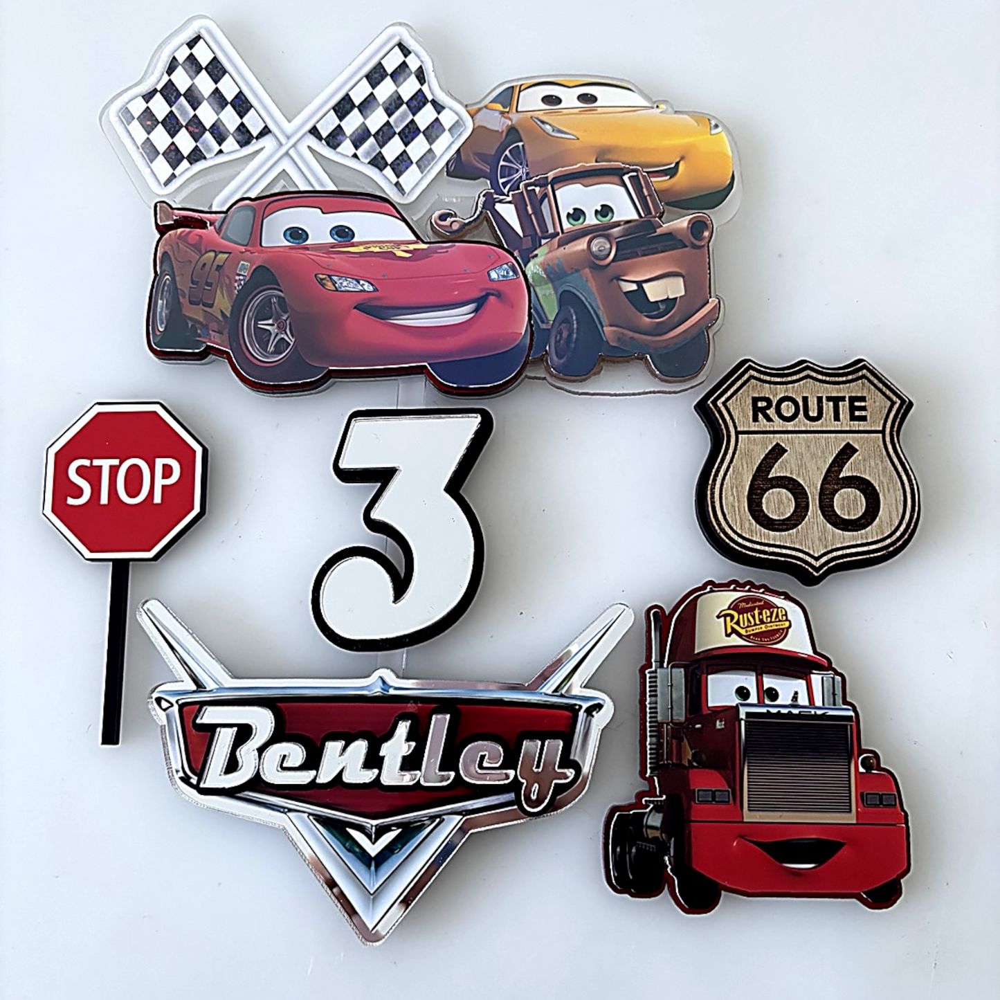 Cars Theme Birthday Cake Topper Set ~ Personalised Name, Number + Charms