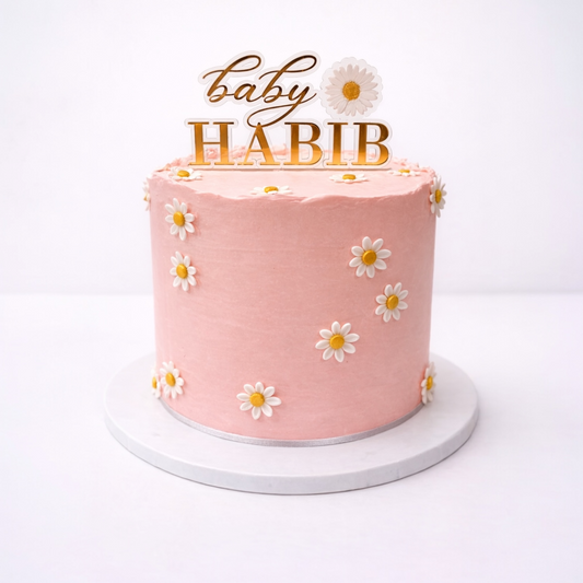 Personalised Baby Shower Cake Topper with Family Name | Mirror Acrylic Gold Silver Rose Gold