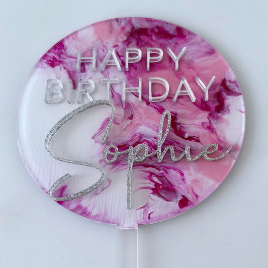 Pink & White Marble 'Happy Birthday' Topper