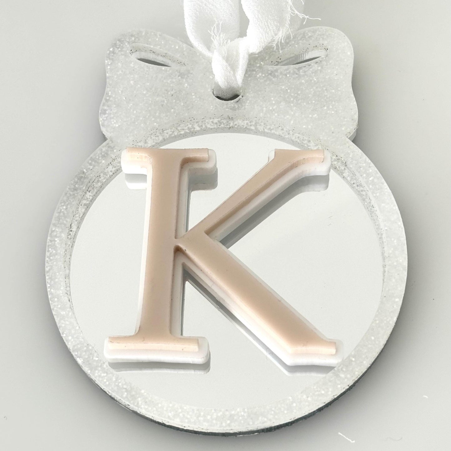 Luxe Personalised Christmas Bauble – White Glitter, Silver & Neutral Initial
