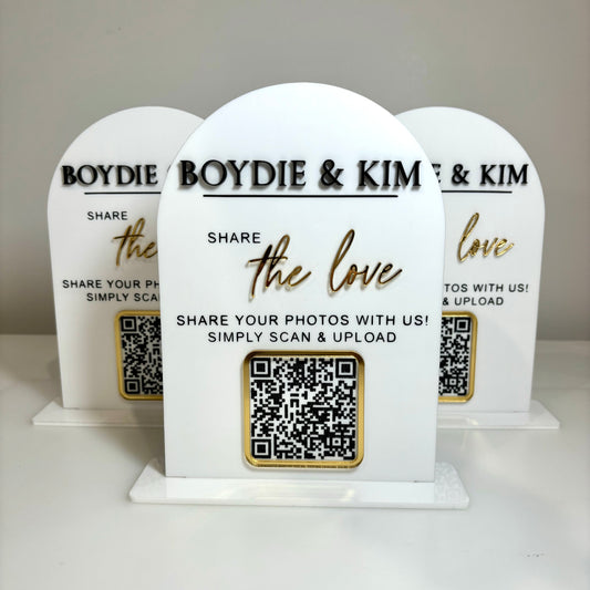 Arched Custom White Wedding Signs with black QR code