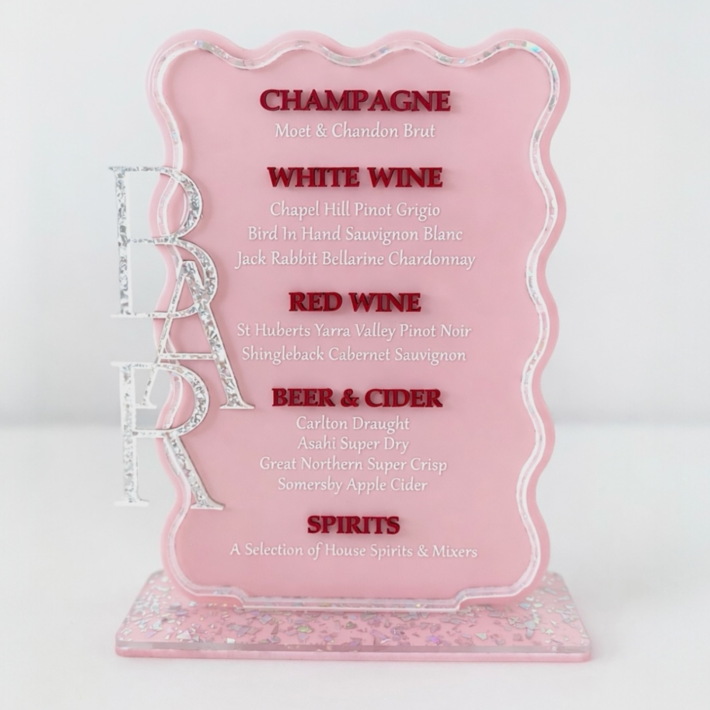 A4 Bar menu - Pink wine list with brand name on a white background