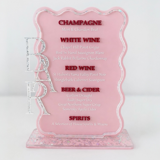 A4 Bar menu - Pink wine list with brand name on a white background