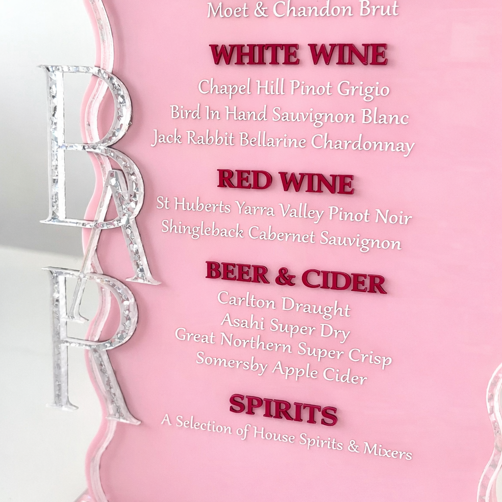 a4 Sign Pink bar menu with drink categories on a white background