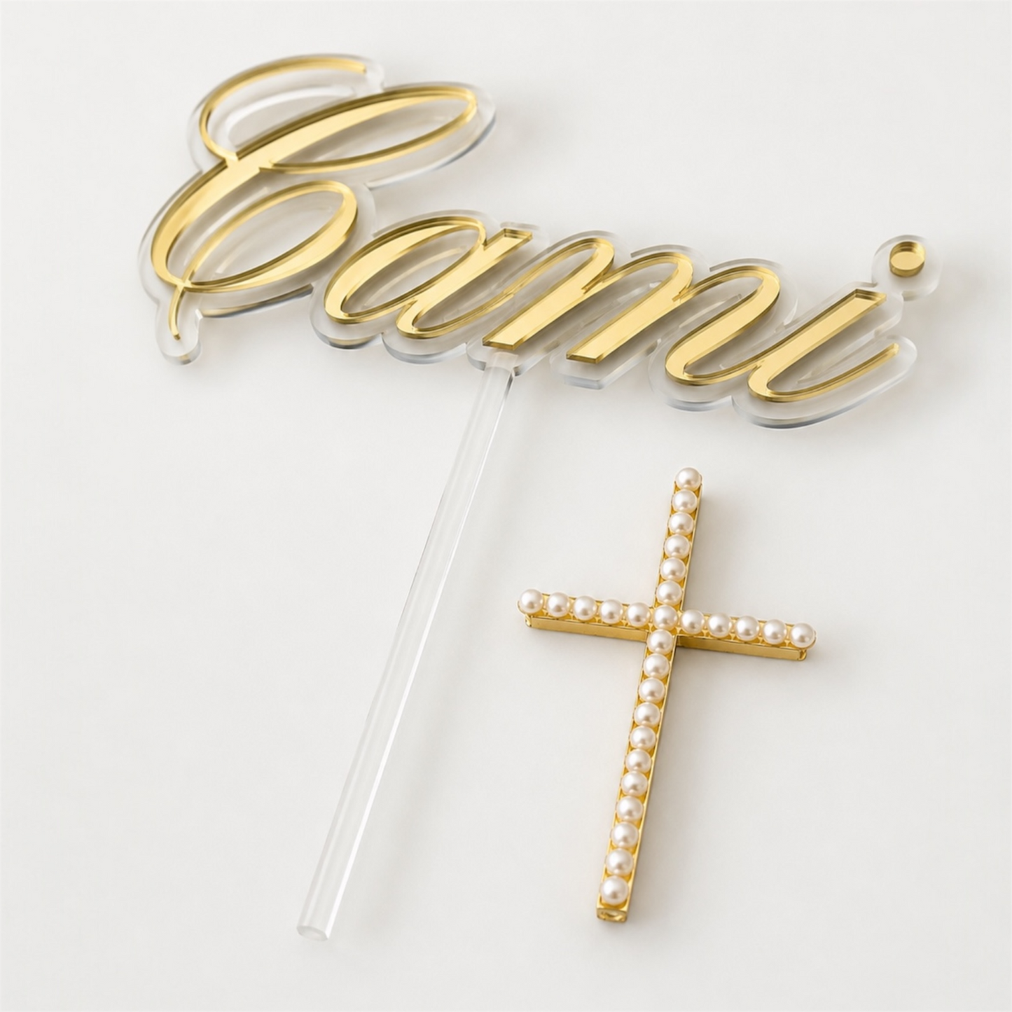 Personalised Name & Pearl Cross Cake Topper Set | Christening, Baptism & Holy Communion