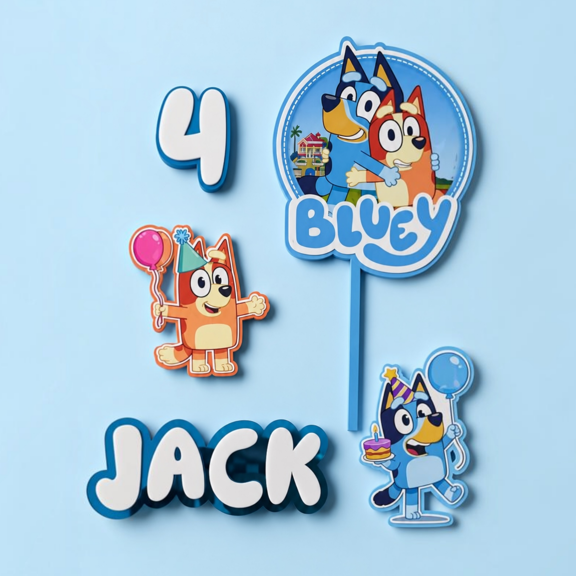 Customizable Bluey-themed party decorations for a child named Jack, including a round sign with Bluey characters, a number 4, and the name JACK in acrylic letters, all on a light blue background.