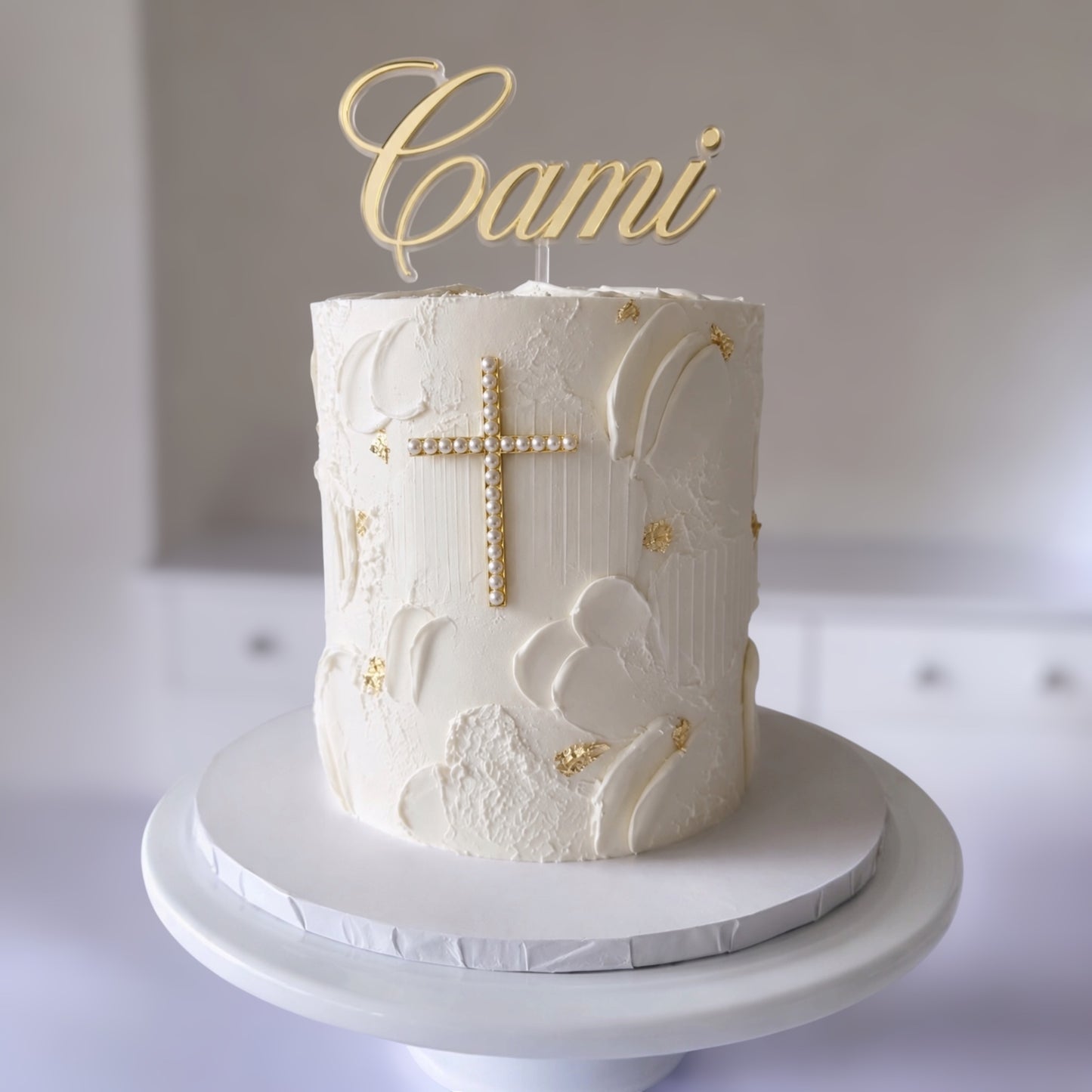 Personalised Name & Pearl Cross Cake Topper Set | Christening, Baptism & Holy Communion