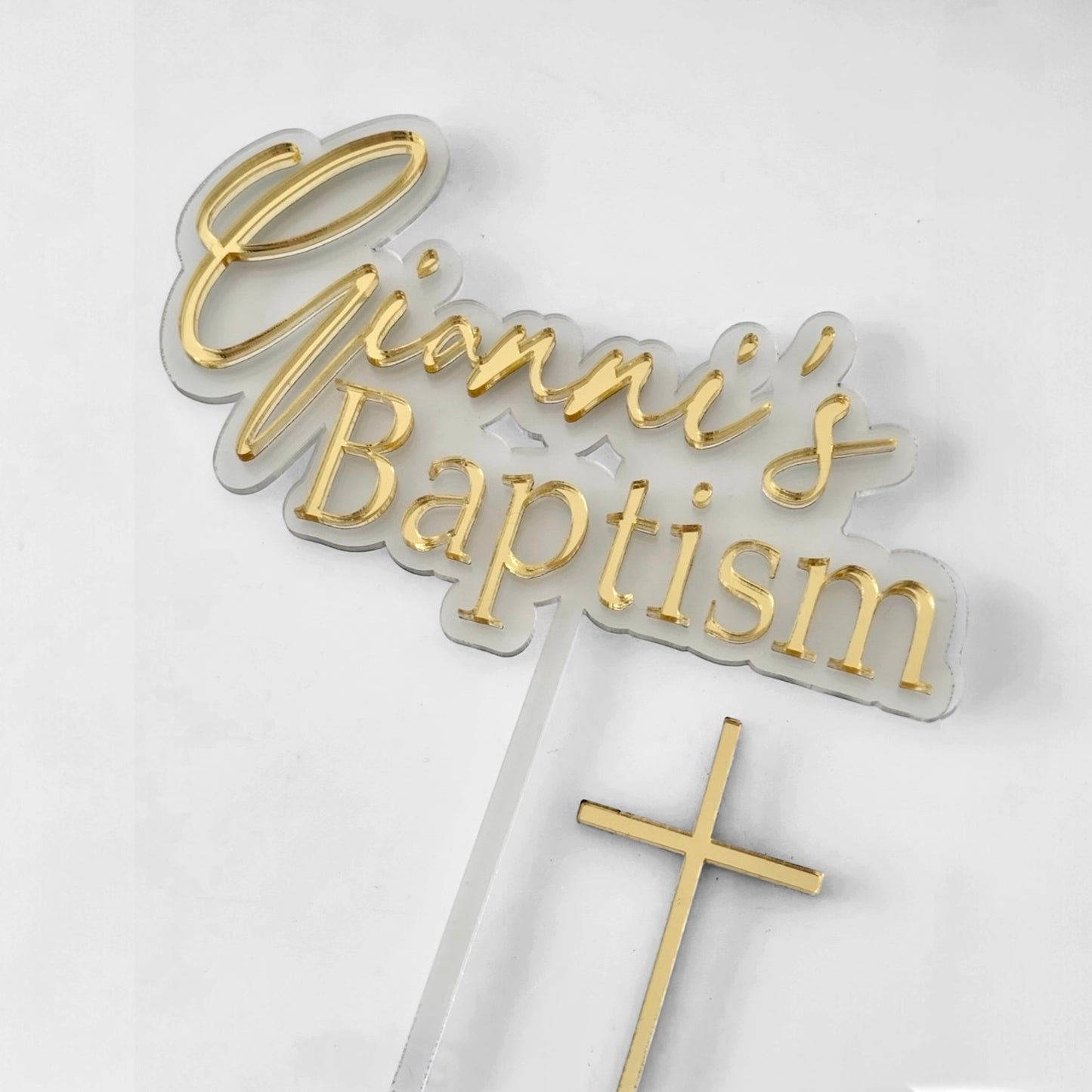 Personalised Christening Cake Topper Set with Cross - Mirrored Acrylic