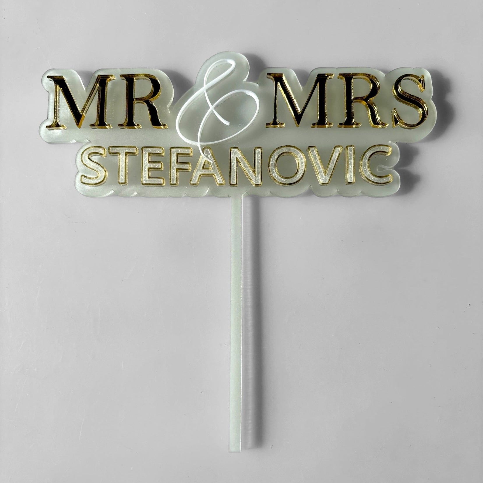 Gold and White Sparkling Custom Wedding Cake Topper
