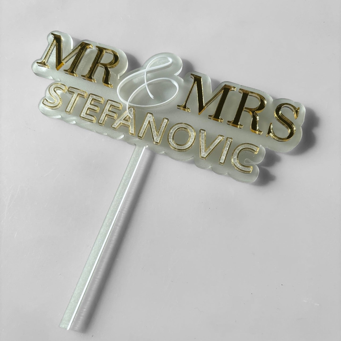 Gold and White Sparkling Custom Wedding Cake Topper