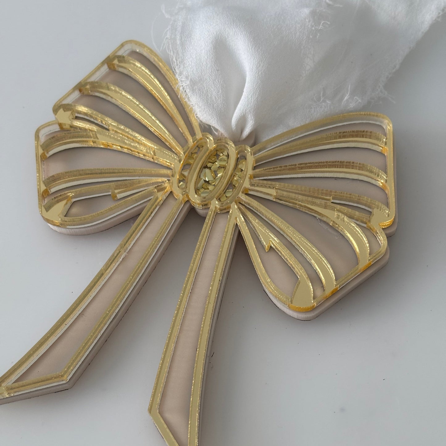 Luxe Neutral & Gold Stripe Christmas Bow Ornament – Personalised Acrylic Decoration