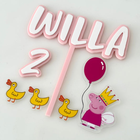Peppa Pig Birthday Cake Topper Set - Pink with yellow ducks, and personalised name plaque.