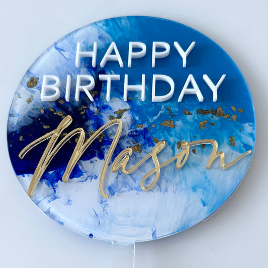 Blue & White Marble 'Happy Birthday' Topper