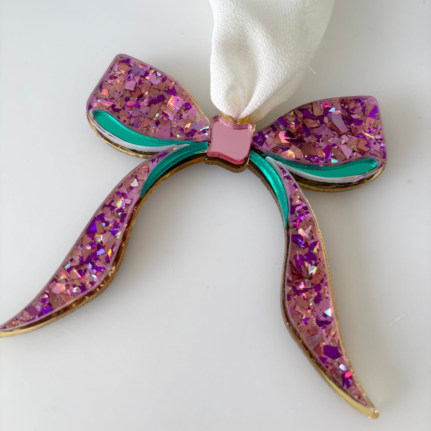 Luxe Glitter Purple & Teal Christmas Bow Ornament – Personalised Acrylic Decoration