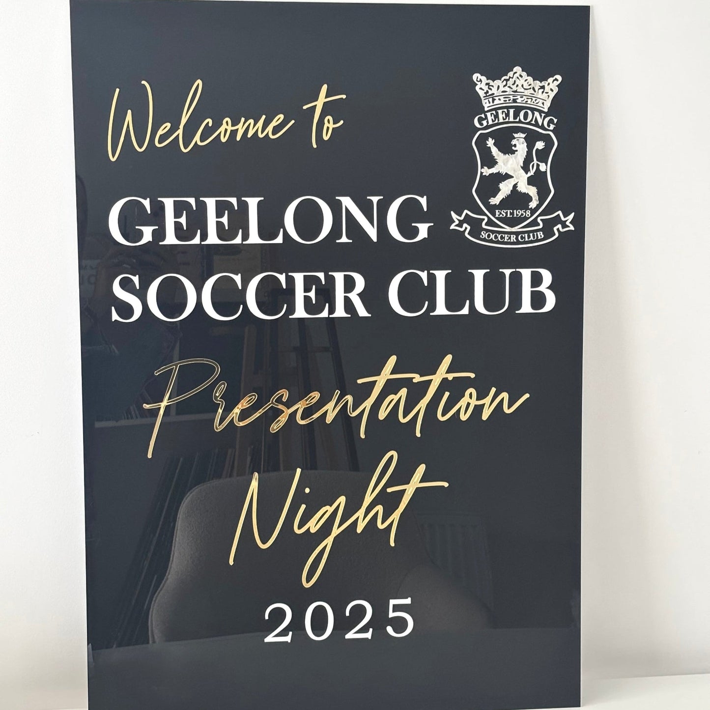 A1 Welcome Sign for Geelong Soccer Club Presentation Night 2025 with club logo on a white background