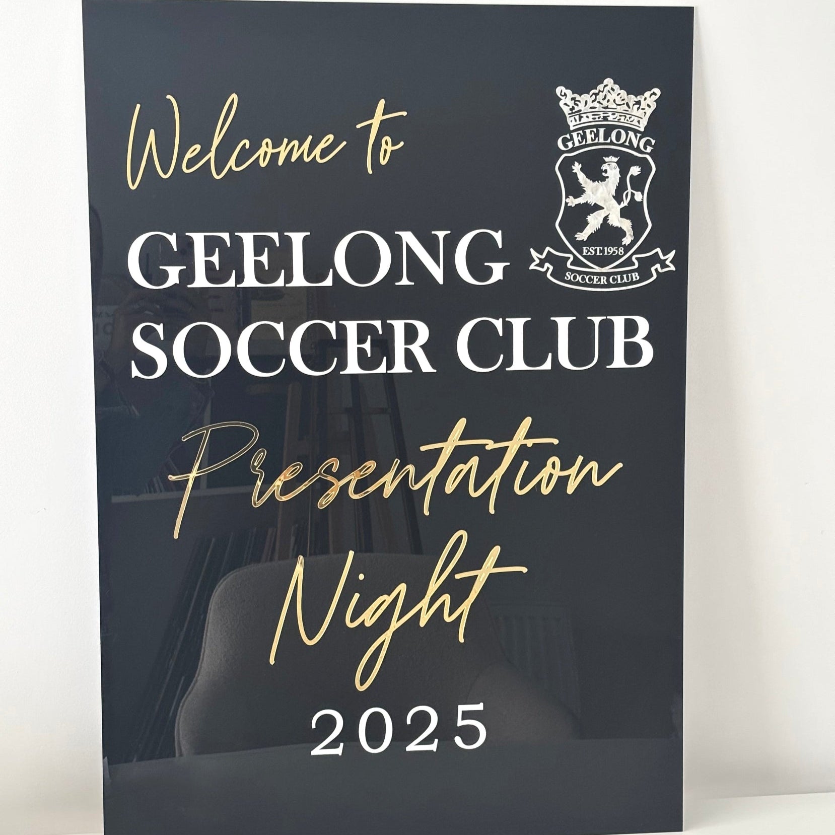 A1 Welcome Sign for Geelong Soccer Club Presentation Night 2025 with club logo on a white background