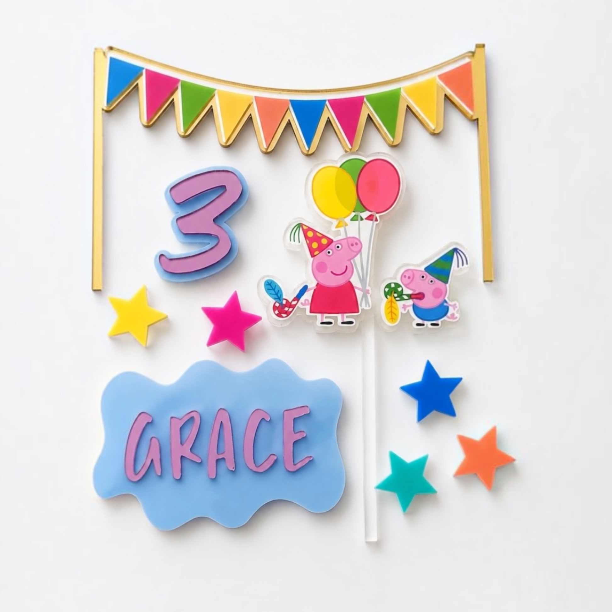 A personalised Peppa Pig 3rd birthday cake topper on a white stick, featuring a colorful bunting banner, a large number 3, a blue cloud shape with the name 'GRACE' in pink, character figures of Peppa and Piglet, balloons, and decorative stars.