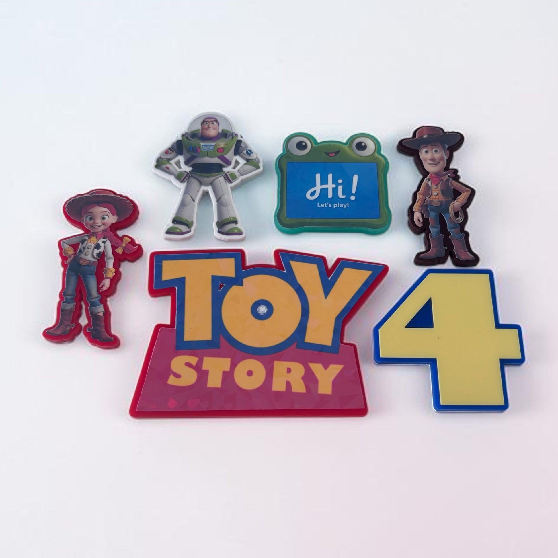 A set of five Toy Story-themed decorative items arranged on a plain white background, including character cutouts and a large 'Toy Story 5' sign.