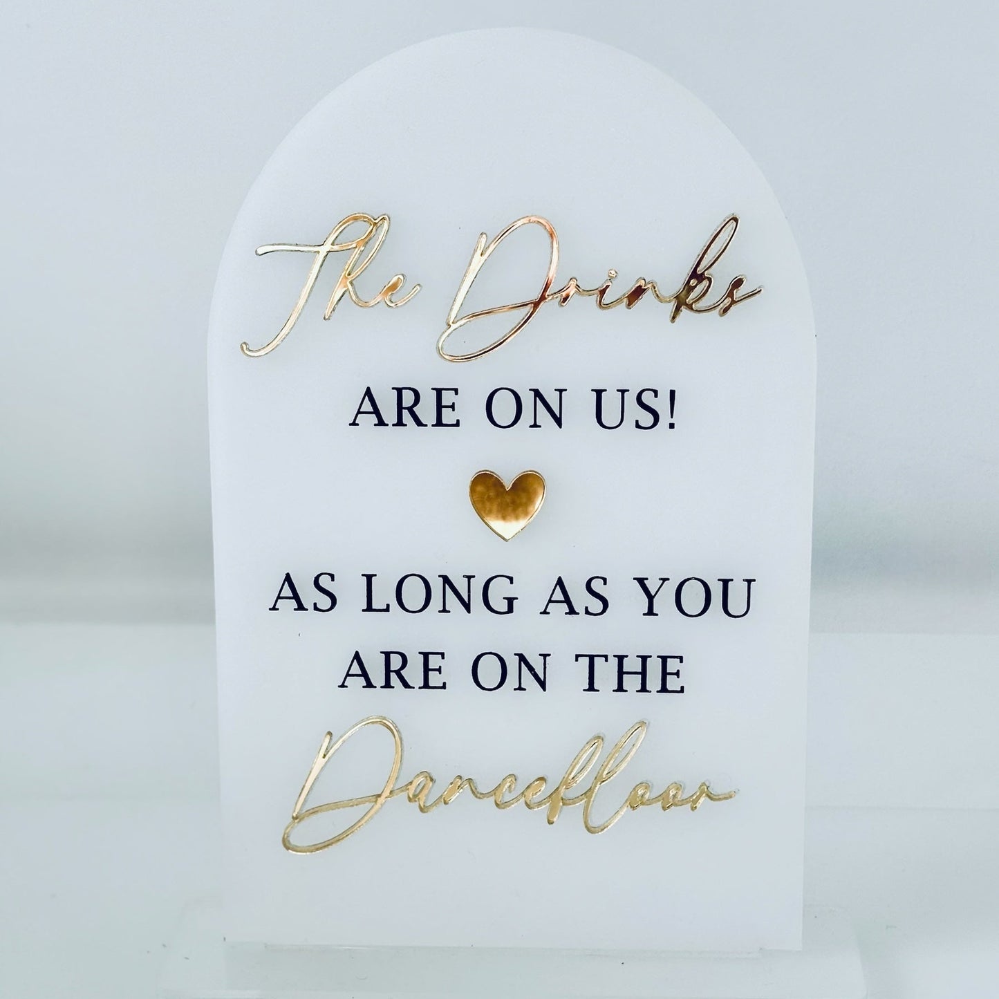 A4 White wedding bar sign with gold and black text on a light gray background